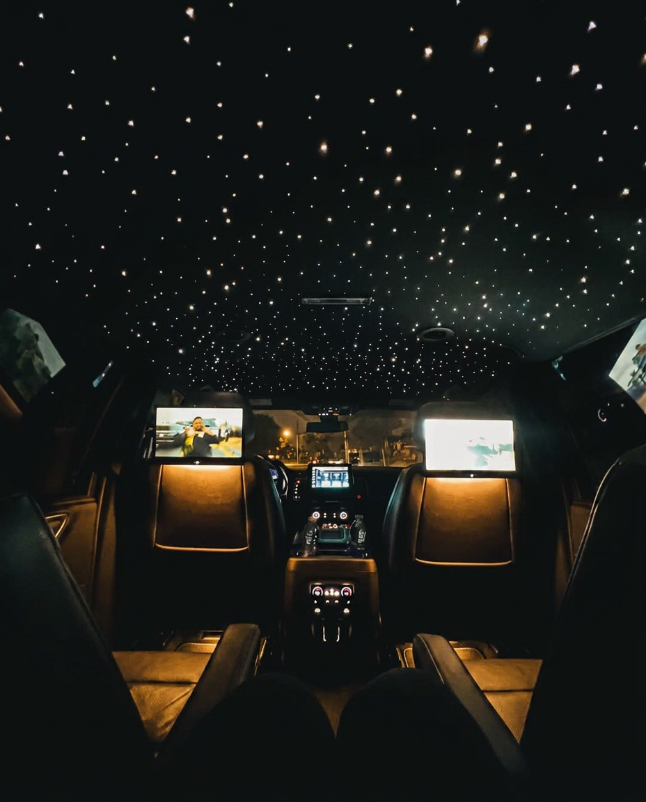 Luxury SUV interior with ambient gold lighting